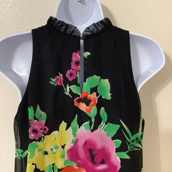 Chenault Black Floral Cottagecore Summer Ruffle Collar Artsy Flowy Top PS - Picture 8 of 11
